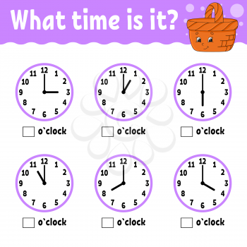Learning time on the clock. Educational activity worksheet for kids and toddlers. Wood basket. Game for children. Simple flat isolated color vector illustration in cute cartoon style.