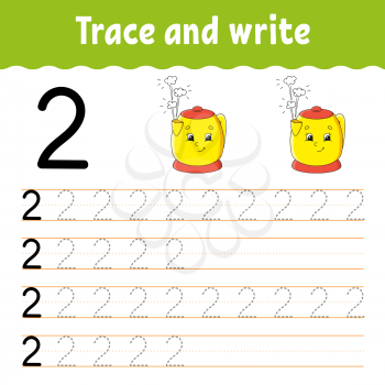 Number 2. Trace and write. Handwriting practice. Learning numbers for kids. Education developing worksheet. Color activity page. Isolated vector illustration in cute cartoon style.