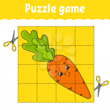 Puzzle game for kids. Education developing worksheet. Learning game for children. Vegetable carrot. Color activity page. Riddle for preschool. Isolated vector illustration in cartoon style.