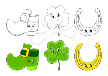 Set coloring page for kids. St. Patrick's Day. Leprechaun boot. Clover shamrock. Golden horseshoe. Cute cartoon characters. Black stroke. Vector illustration. With sample.