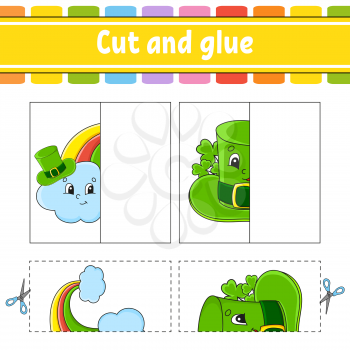 Cut and play. Paper game with glue. Flash cards. rainbow, hat. Education worksheet. Activity page. Funny character. Isolated vector illustration. St. Patrick's day. Cartoon style.