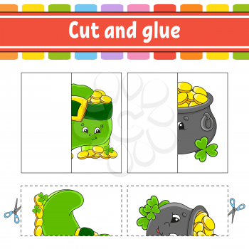 Cut and play. Paper game with glue. Flash cards. Education worksheet. Boot, pot. St. Patrick's day. Activity page. Funny character. Isolated vector illustration. Cartoon style.