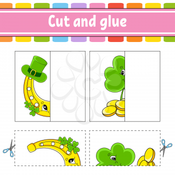 Cut and play. Paper game with glue. Flash cards. Education worksheet. Horseshoe, clover. St. Patrick's day. Activity page. Funny character. Isolated vector illustration. Cartoon style.