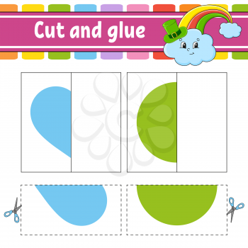 Cut and play. Paper game with glue. Flash cards. Education worksheet. Rainbow, circle, heart. Activity page. Funny character. Isolated vector illustration. Cartoon style.