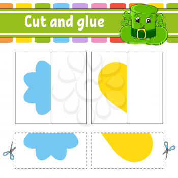 Cut and play. Paper game with glue. Flash cards. Flower, heart, hat. Education worksheet. Activity page. Funny character. Isolated vector illustration. Cartoon style.