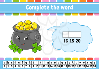 Complete the words. Cipher code. Pot of gold. Learning vocabulary and numbers. Education worksheet. Activity page for study English. Isolated vector illustration. Cartoon character.