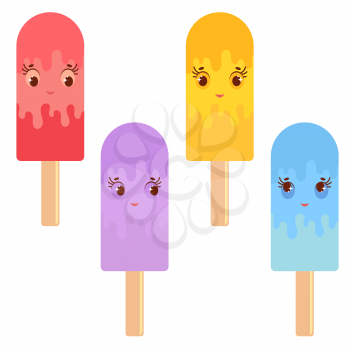 Set of flat colored isolated cartoon ice-cream, drizzled with orange glaze, pink, blue, purple. On wooden sticks. Illustration on white background..