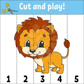 Learning numbers. Cut and play. Education developing worksheet. Game for kids. Activity page. Puzzle for children. Riddle for preschool. Flat isolated vector illustration. Cute cartoon style.