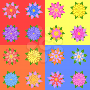 set of sixteen different colors of flowers isolated on a colored background