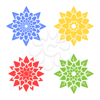 Set of four abstract silhouettes of flowers blue, red, green, yellow.
