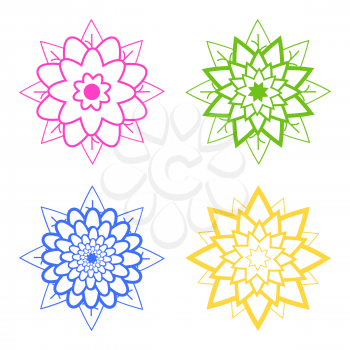 Set of four abstract silhouettes of flowers of blue, pink, green, yellow.