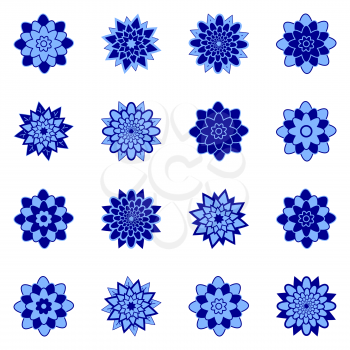 A set of beautiful flowers of blue and dark blue. Isolated on white background. Suitable for design.