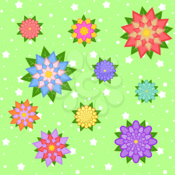 A set of beautiful colorful flowers on a green star background. Ten variants. Suitable for design.