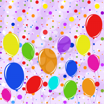 Set of flat colored isolated flying balloons on ropes. Against a background of multi-colored round confetti of various sizes falling from the sky. Suitable for design.