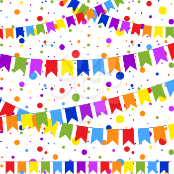 Set of six flat colored garlands isolated in the form of flags on a rope. On the background of colorful confetti. Suitable for design.