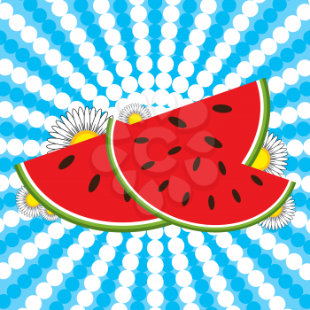 Red watermelon slices and flowers on a striped blue and white background.
