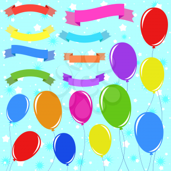 A set of 8 flat colored insulated banner ribbons and 11 balloons on ropes. On a blue background with stars. Suitable for design.