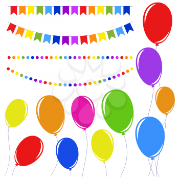 Set of flat colored isolated balloons on ropes and garlands of flags.