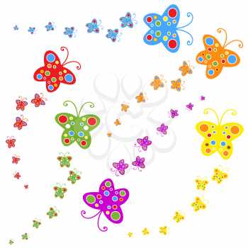 A flock of flat colored isolated butterflies flying one after another. Six color options in the set.