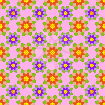 Seamless pattern of red and purple flowers with green leaves on a pink background.
