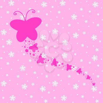Silhouette of a large butterfly and small butterflies flying after it. On a floral background.