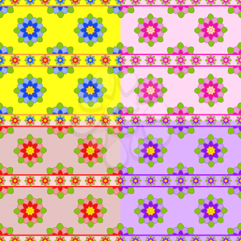 Set of seamless patterns of red, blue, pink, purple flowers with narrow floral ribbons on a colored background