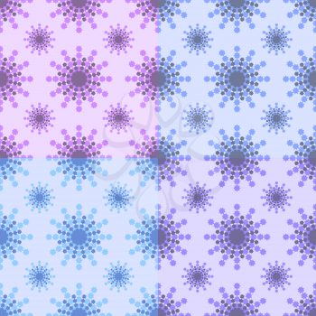 Set of seamless patterns of snowflakes of different colors on a pink, blue, purple background