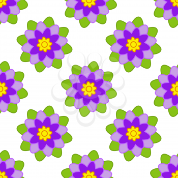 Seamless pattern of purple flowers with green leaves on a white background