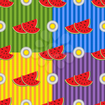 Seamless pattern of delicious red watermelon slices and white flowers on a multicolored striped background. Four Designs
