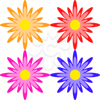 Set of red, orange, pink, blue flowers on a white background.