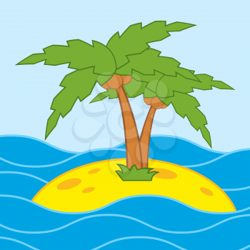 A bright picture with a cartoon palm tree on the sand in the middle of the ocean.