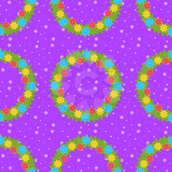 Christmas seamless pattern of wreaths on a purple background with stars.