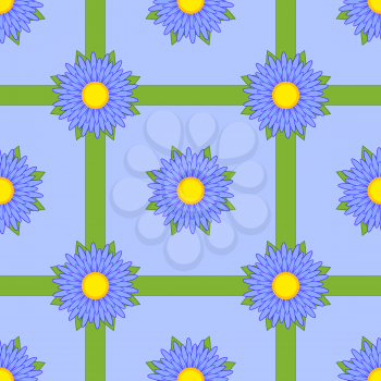Seamless pattern of blue flowers with green ribbons on a light blue background.