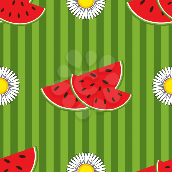 Seamless pattern of red watermelon slices and white flowers on a colored striped background.