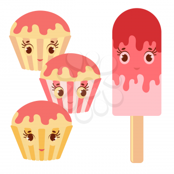 Set of flat colored isolated cartoon cake drenched with frosting is pink. The striped baskets. Pink Popsicle on a wooden stick smiling. Illustration on white background