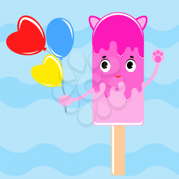 Flat colored isolated striped ice cream sprinkled with a pink glaze. On a wooden stick. With a bunch of bright water balloons in his hand. A simple drawing on a blue background.