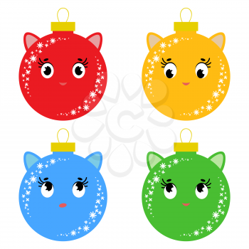 Set of flat colored isolated Christmas balls in the shape of balls. Cartoons cats. Simple design on a white background