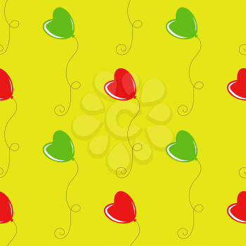 Color seamless pattern of red and green balloons on a yellow background. Simple flat vector illustration. Suitable for Wallpaper, fabric, wrapping paper, covers.