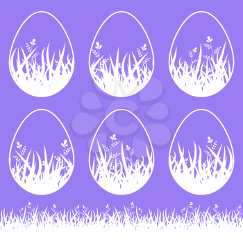Set of white blank isolated Easter eggs on a purple background. With an abstract floral pattern. Simple flat vector illustration. Suitable for decoration of postcards, advertising, magazines, websites.