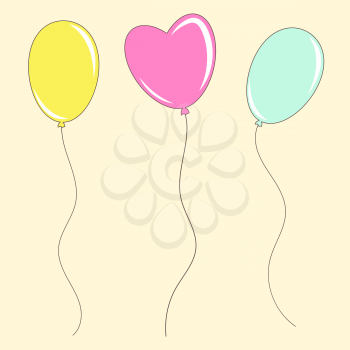 Set of colored isolated cute balloons on a beige background. Simple flat vector illustration. Suitable for the design of postcards, weddings, holidays, sites.