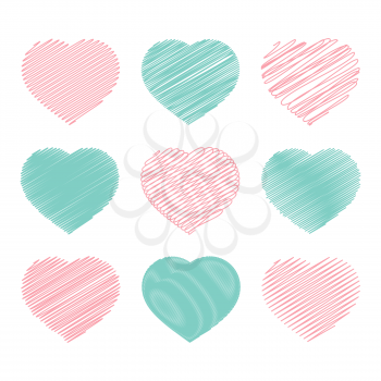 Set of color hearts isolated on white background. With an abstract pattern of lines. Simple flat vector illustration. Suitable for greeting card, weddings, holidays, sites.
