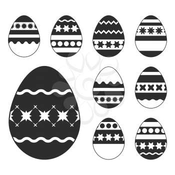 Set of white Easter eggs isolated on a black background. With a pretty abstract pattern. Simple flat vector illustration.