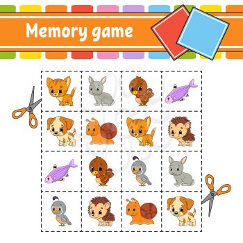 Memory game for kids. Education developing worksheet. Activity page with pictures. Puzzle game for children. Logical thinking training. Isolated vector illustration. Funny character. Cartoon style