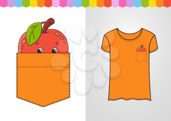 Apple in shirt pocket. Cute character. Colorful vector illustration. Cartoon style. Isolated on white background. Design element. Template for your shirts, books, stickers, cards, posters.