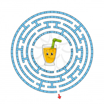 Funny circle maze. Game for kids. Puzzle for children. Cartoon style. Round labyrinth conundrum. Color vector illustration. Find the right path. The development of logical and spatial thinking.