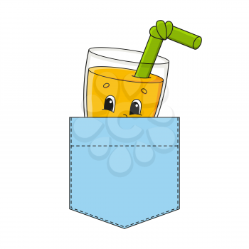 A glass of juice in shirt pocket. Cute character. Colorful vector illustration. Cartoon style. Isolated on white background. Design element. Template for your shirts, books, stickers, cards, posters.