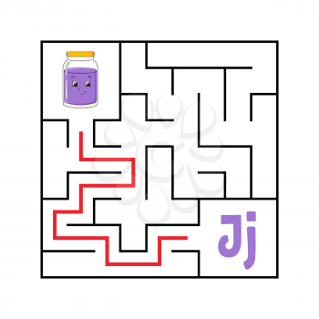 Square maze. Game for kids. Funny quadrate labyrinth. Education worksheet. Activity page. Puzzle for children. Cute cartoon style. Find the right way. Logical conundrum. Color vector illustration.