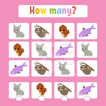 Counting game for children of preschool age. Learning mathematics. How many animals in the picture. With space for answers. Simple flat isolated vector illustration in cute cartoon style