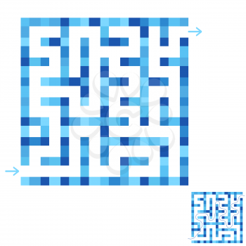 Abstract simple square isolated labyrinth. Blue color on a white background. An interesting game for children and adults. Simple flat vector illustration. With the answer.