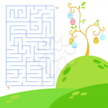 Abstract colored simple isolated labyrinth. Blue color on a white background. Against the background of the Easter tree with eggs. An interesting game for children. Vector illustration.